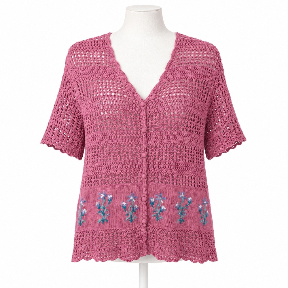 Vintage 90s Floral Embroidered Cardigan Size XL P Cottagecore Crochet Fairy Y2K